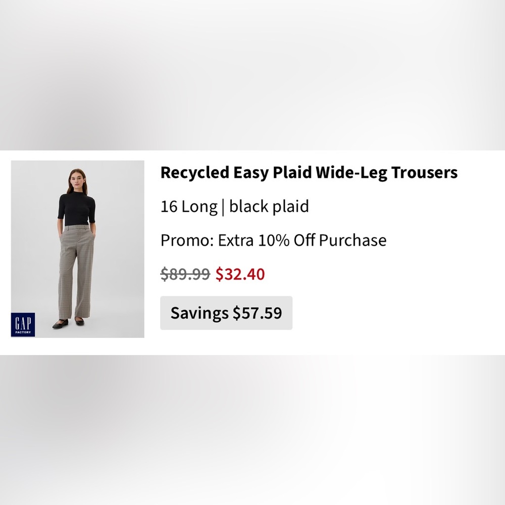 Gap Black and Gray Plaid Wide-Leg Trousers